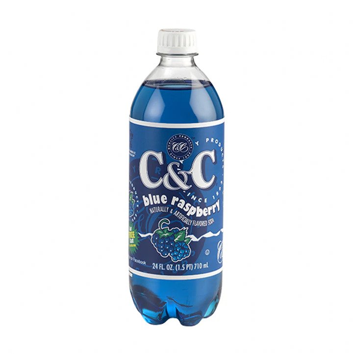 Front of C&C Blue Raspberry bottle featuring the blue raspberry flavour label, C&C logo, and 710ml pack size