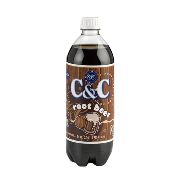 Front of C&C Root Beer bottle featuring the brand logo, root beer label, and the 710ml size shown prominently.