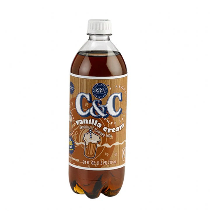 Front of C&C Vanilla Cream bottle featuring the brand logo, creamy soda label, and details including 710ml pack size.