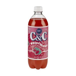 Front of C&C Watermelon Soda bottle featuring the logo and vibrant watermelon design, with 710ml indicated on the label.