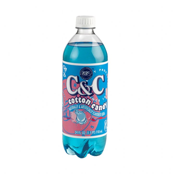 Front of C&C Cotton Candy soda bottle displaying the logo, cotton candy flavour label, and vibrant blue drink (710ml)