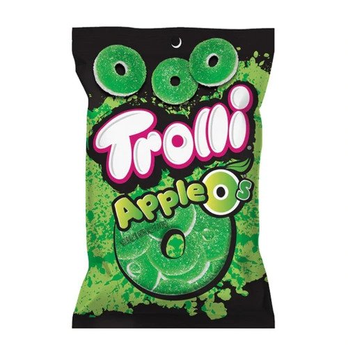 Front of Trolli Apple O's bag showing the vibrant green candy rings and playful logo with apple flavour label (120g pack)