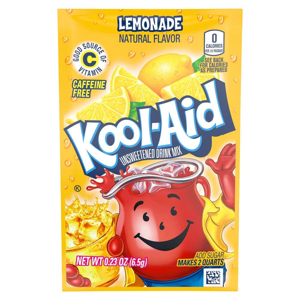 Front of Kool Aid Lemonade Drink Mix sachet showing bold logo, lemon graphics, and details for unsweetened drink mix (6.5g)