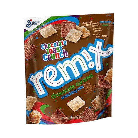 Front of Chocolate Toast Crunch Remix Chocolate Caramel bag showing vibrant logo, chocolate and caramel snacks, and pack size (180g).