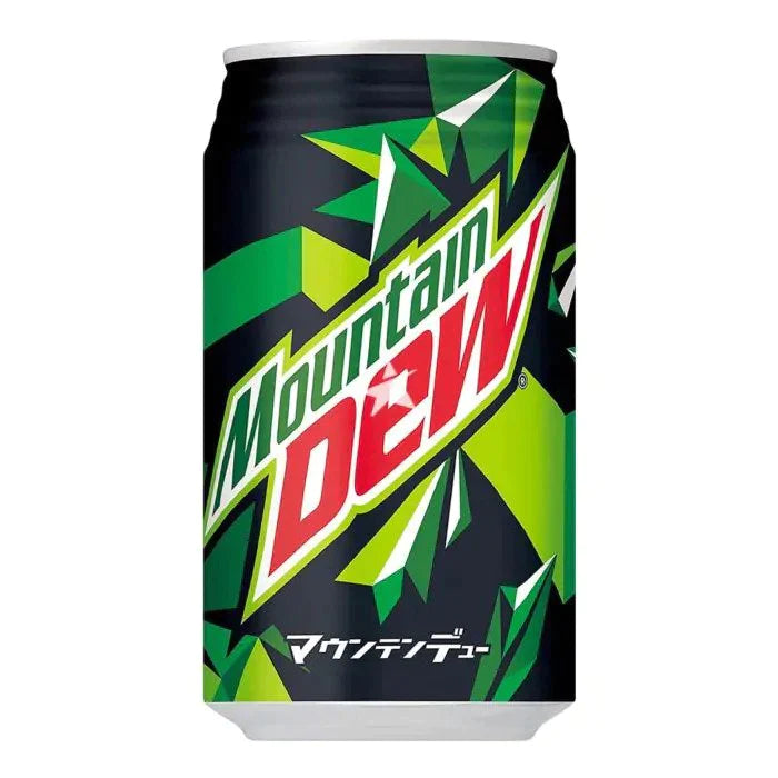 Front of Mountain Dew Original (Japan) can showcasing the logo, vibrant design, and 350ml size indicated clearly.