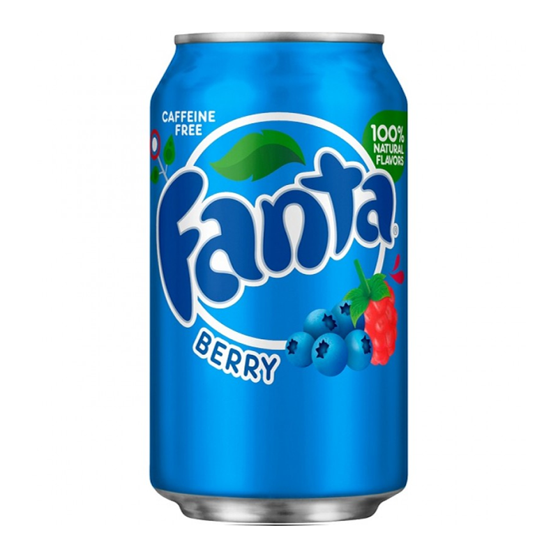 Front of Fanta Berry can showing vibrant blue colour, bold Fanta logo, berry flavour text, and 355ml size label