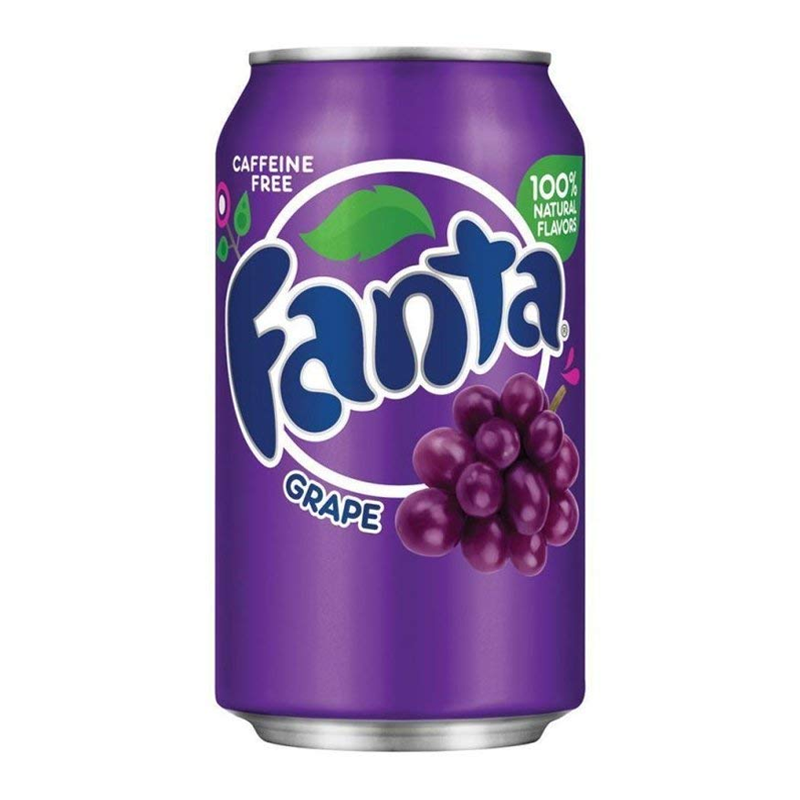 Front of Fanta Grape can showcasing the vibrant purple design, grape flavour label, and 355ml size.