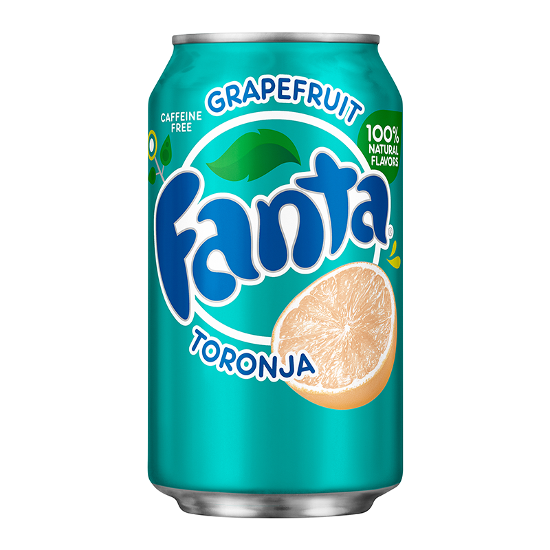 Front of Fanta Grapefruit can featuring bold blue logo, grapefruit flavour label, and a slice of grapefruit on a vibrant teal background (355ml can)