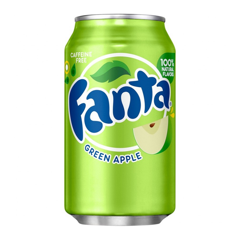 Front of Fanta Green Apple can showing the green logo, green apple flavour label, and pack size (355ml)
