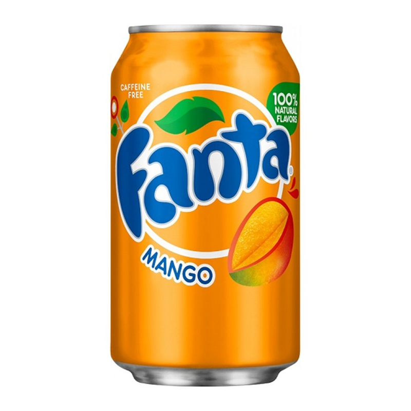 Front of Fanta Mango can showing bold blue logo, vibrant mango flavour label, and bright orange background (355ml)