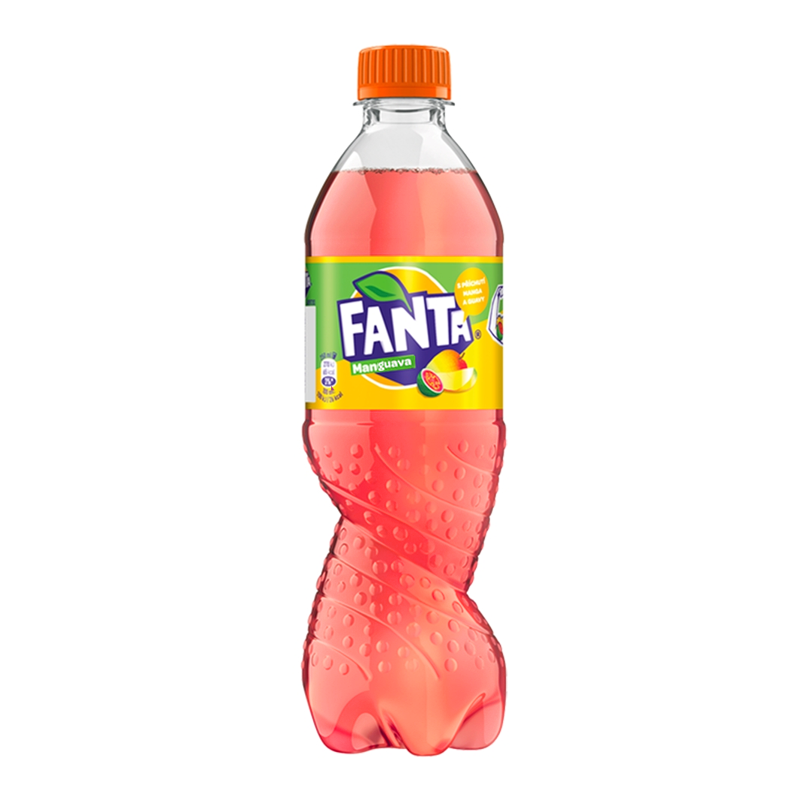 Front of Fanta Manguava bottle showing bright logo, guava flavour label, and 500ml pack size.