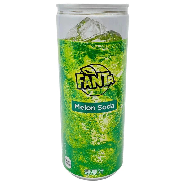 Front of Fanta Melon (Japan) 250ml can featuring a green label with the logo, and ice-cold melon soda.