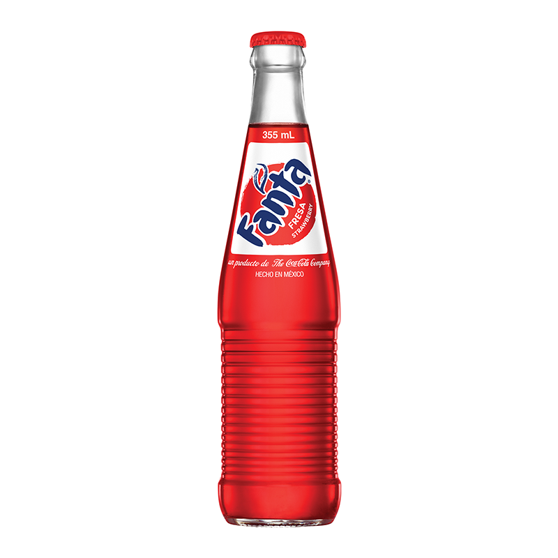 Front of Fanta Mexican Strawberry Soda bottle featuring the logo, vibrant red strawberry colour, and 355ml text.