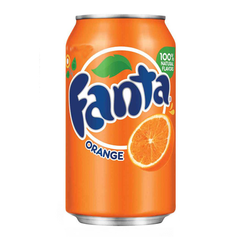 Front of Fanta Orange can displaying vibrant orange design, logo, and slice of orange; 355ml pack size
