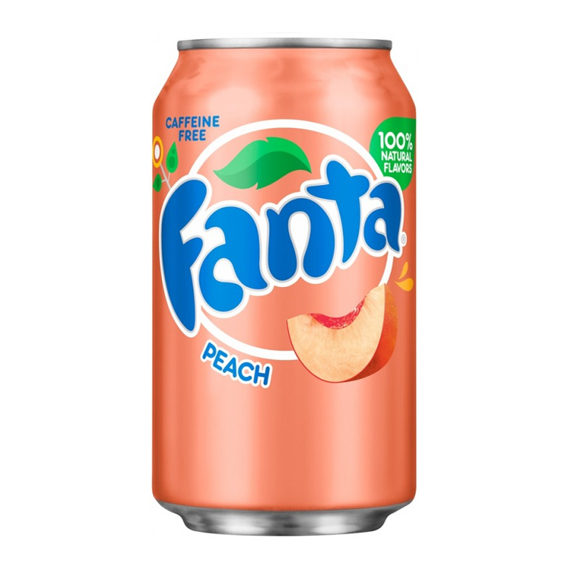Front of Fanta Peach can showing bright orange design with logo, peach flavour label, and image of a peach slice (355ml can)