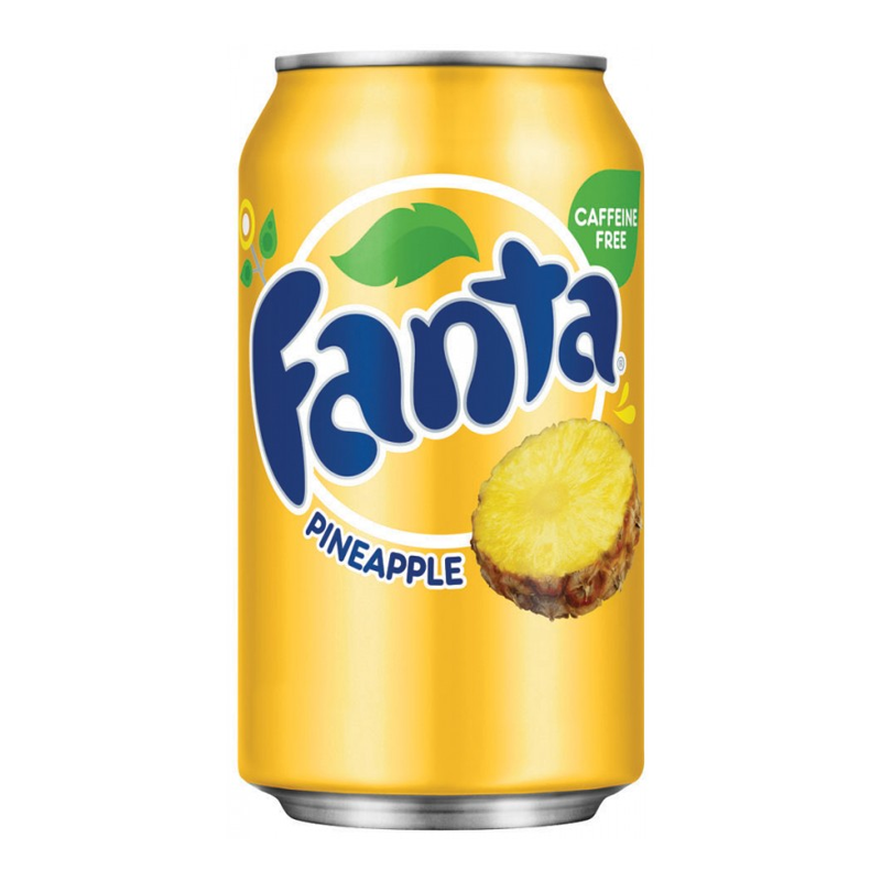 Front of Fanta Pineapple can showing bright yellow design, bold logo, pineapple image, and 355ml size.