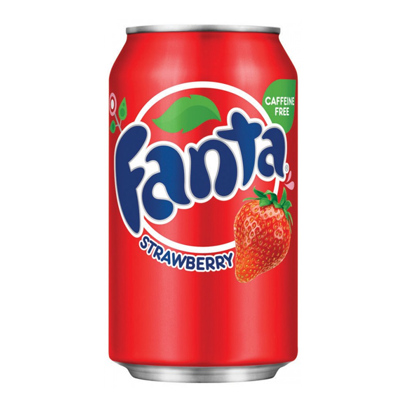 Front of Fanta Strawberry can displaying vibrant red design, logo, and strawberry image (355ml pack)