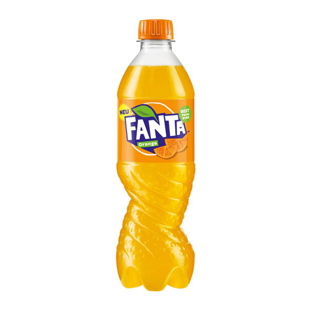 Front of Fanta Orange bottle showing vibrant orange label with logo and image of orange slices, 500ml pack size