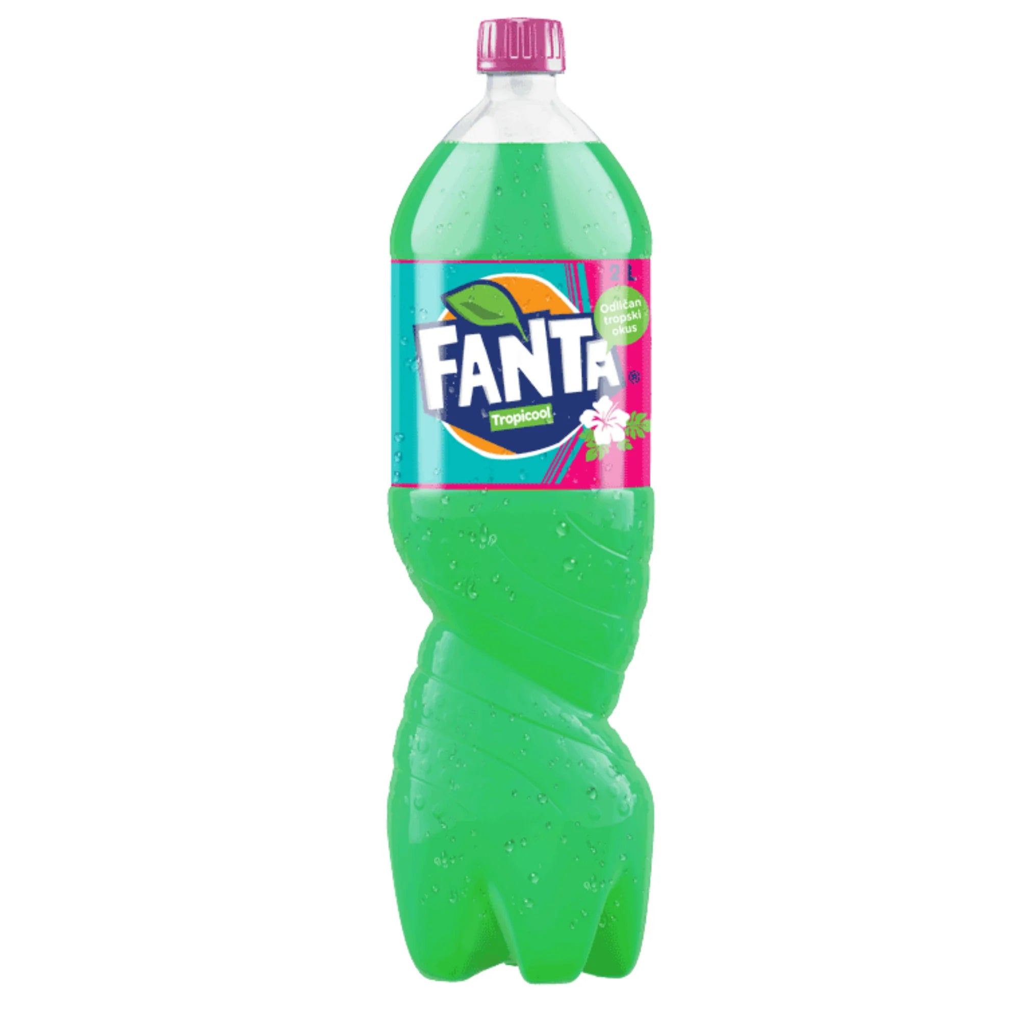 Front of a 2-litre bottle of Fanta Tropicool showing the logo, tropical flavour design, and vibrant green drink inside.