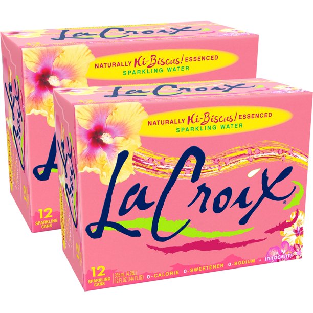 Front of La Croix Hibiscus case showing the vibrant pink packaging, hibiscus flavour label, and 24 sparkling water cans (355ml x 24)