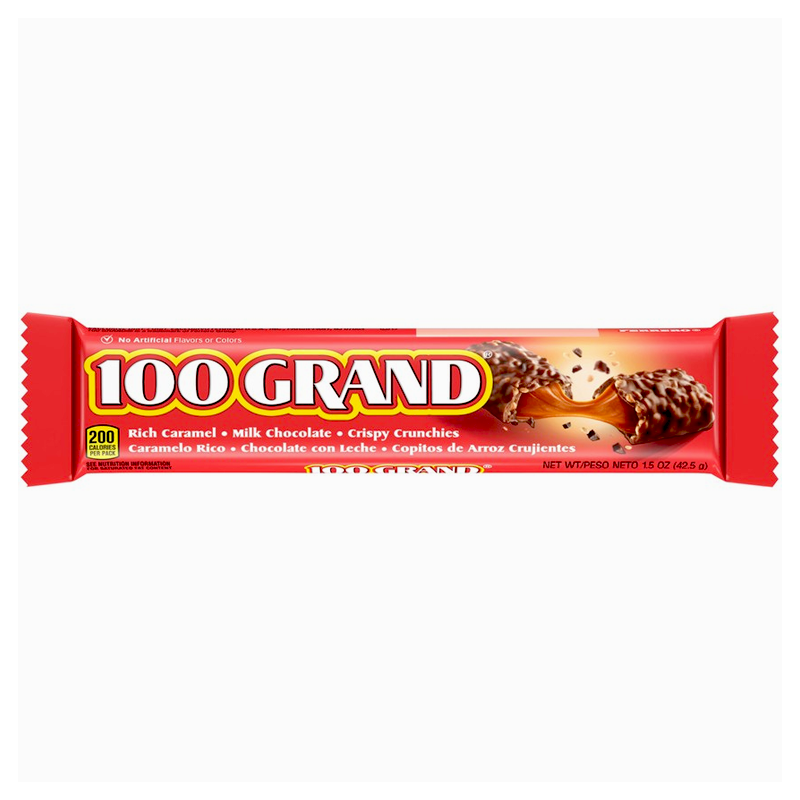 Front of 100 Grand Chocolate Bar showing rich caramel and milk chocolate with crispy crunchies (42.5g pack)