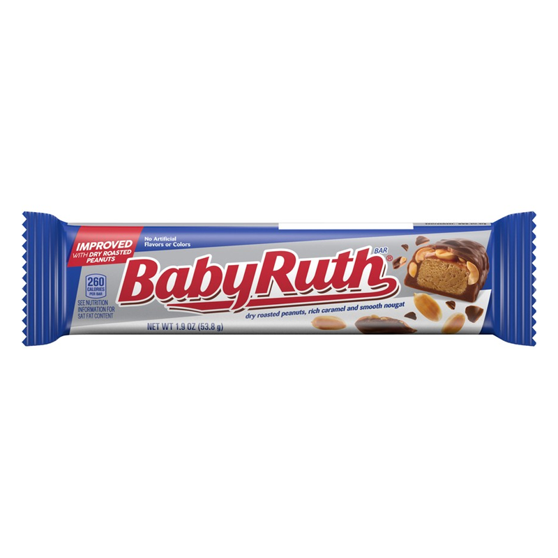 Front of Baby Ruth Bar showing logo, dry roasted peanuts, and caramel nougat (54g pack)