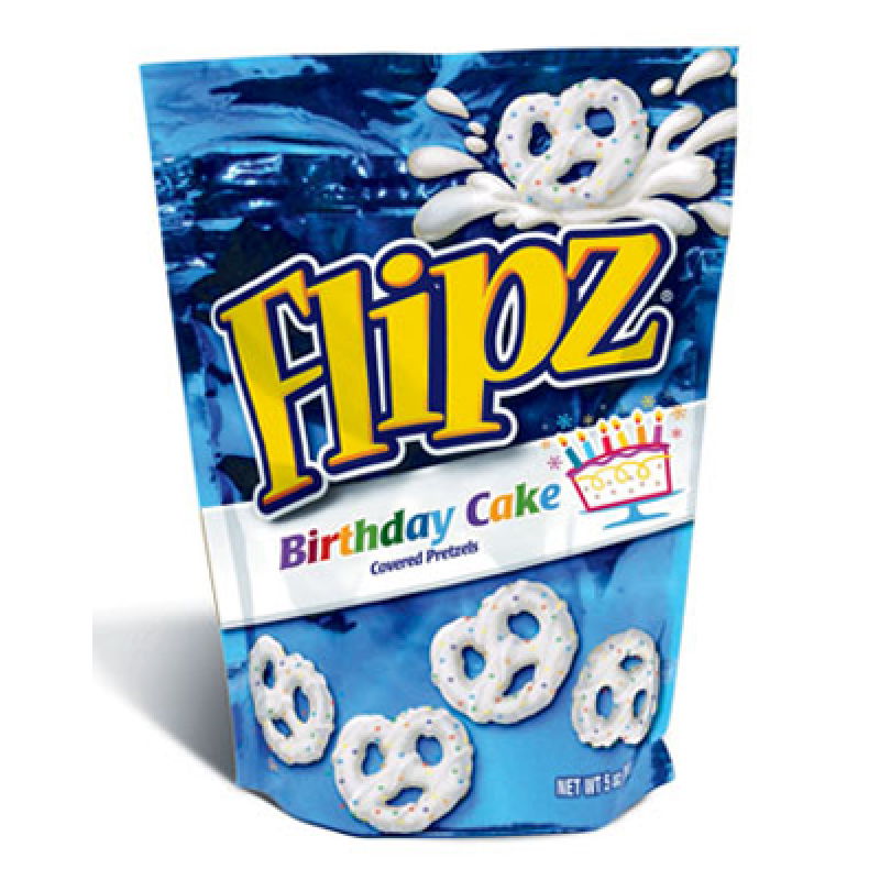 Front of Flipz Birthday Cake Covered Pretzels bag showing bold logo, birthday cake flavour label, and pretzels with sprinkles (141g pack)