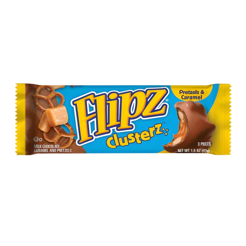 Front of Flipz Pretzel & Caramel Clusterz pack showing logo, pretzels, caramel, and milk chocolate (43g pack)