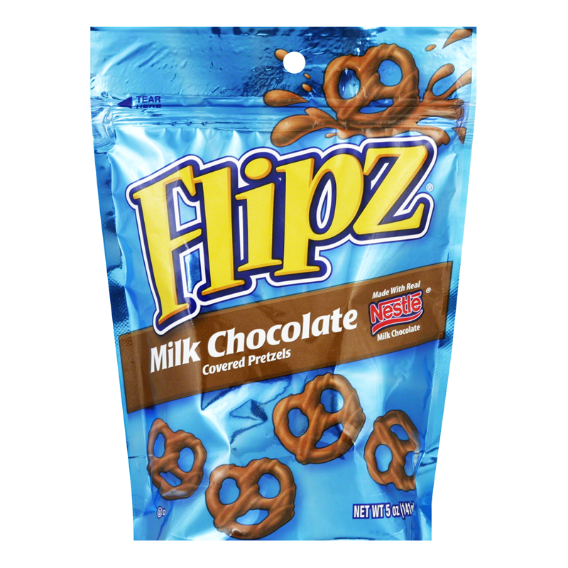 Front of Flipz Milk Chocolate Covered Pretzels bag featuring the logo and image of pretzels covered in milk chocolate (141g pack)