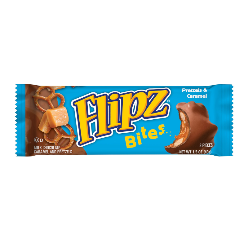 Front of Flipz Pretzel Bites Bar wrapper showing the blue logo, images of pretzels and caramel, and the 43g pack size