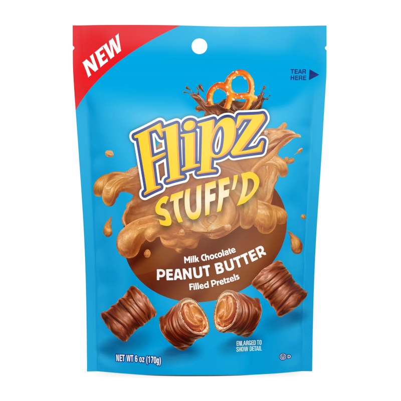 Front of Flipz Stuff'D Peanut Butter Filled Pretzels bag showing blue background, filled pretzels, and 99g pack size.