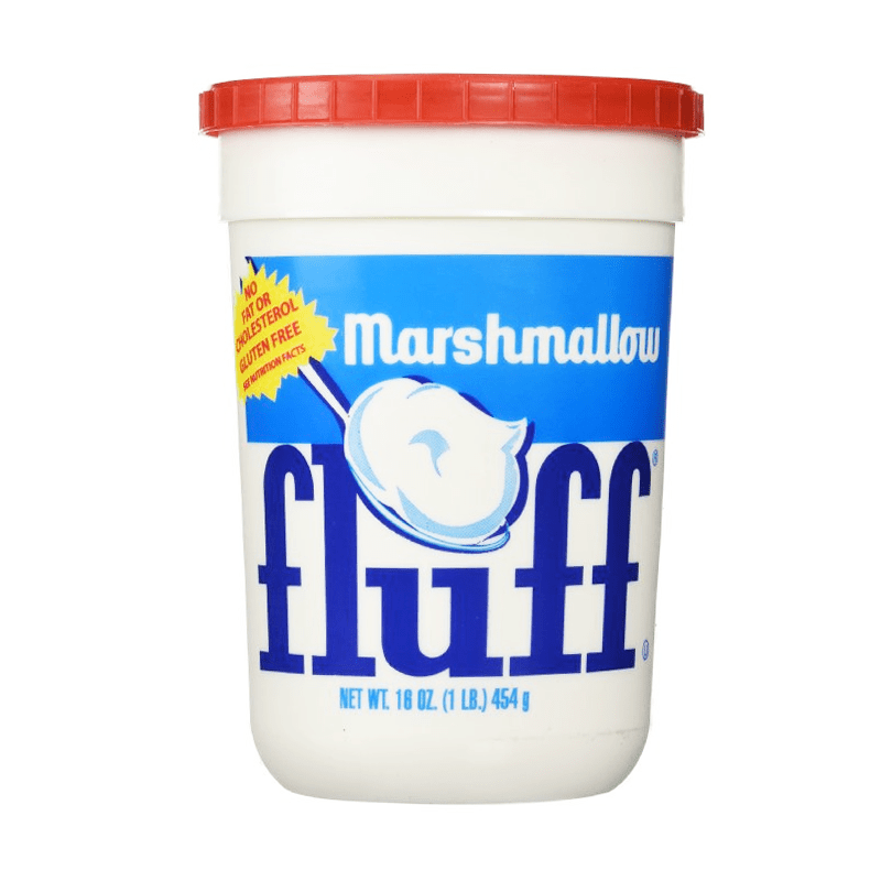 Front of Fluff Marshmallow Vanilla Spread tub featuring the logo, a creamy image of marshmallow fluff, and 453g pack size.