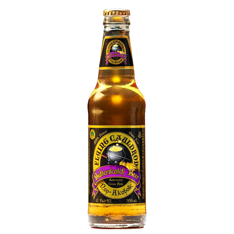 Front of Flying Cauldron Butterscotch Beer bottle displaying the logo, butterscotch flavour label, and 355ml pack size