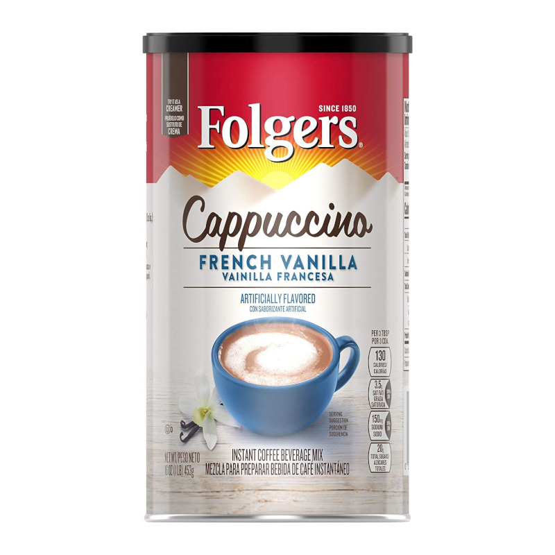 Front of Folgers French Vanilla Cappuccino can featuring the brand logo, cappuccino flavour, and cup of coffee graphic (453g pack)