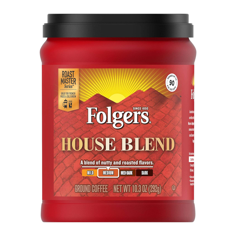 Front of Folgers House Blend Ground Coffee jar showcasing red design, nutty and roasted flavour description, and 292g pack size