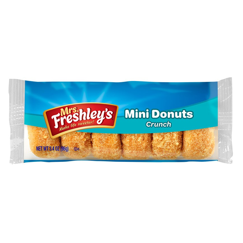 Front of Mrs Freshley's Crunch Mini Donuts pack showing the logo, name, and crunchy mini donuts (96g pack)