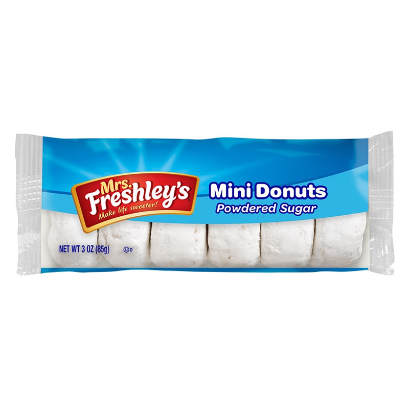 Front of Mrs Freshley's Powdered Mini Donuts pack showing the logo, mini donuts coated in powdered sugar, and 85g weight.
