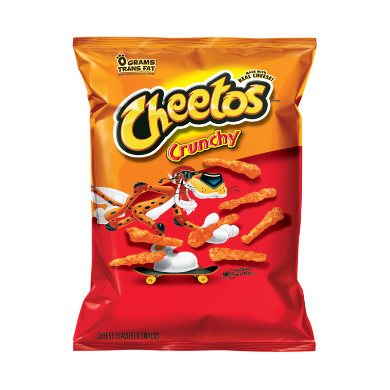 Front of Cheetos Crunchy Original bag showing logo, cheesy snack pieces, and bright red packaging (35.4g pack)
