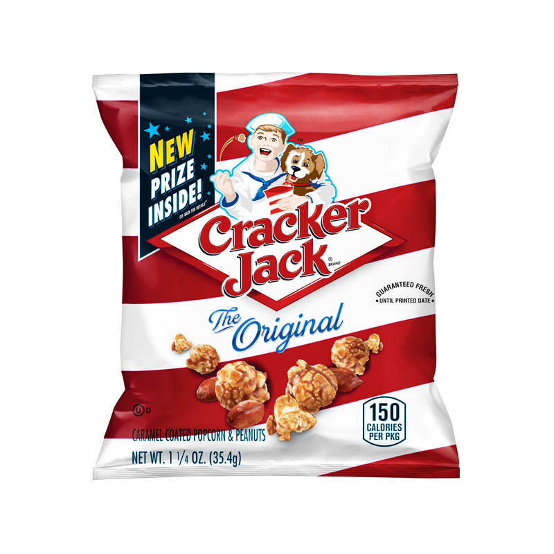 Front of Cracker Jack Original Caramel Coated Popcorn & Peanuts bag showing brand logo, caramel-coated popcorn and peanuts, and 88.5g pack size.
