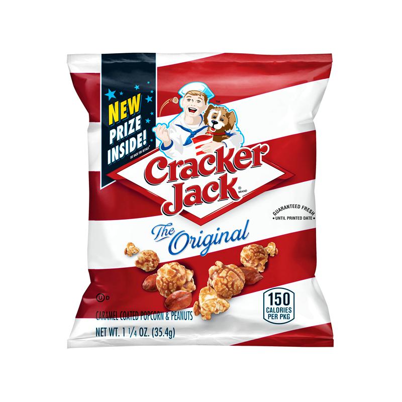 Front of Cracker Jack Original Caramel Coated Popcorn & Peanuts bag showing the logo, caramel coated popcorn and peanuts, and 35g pack size.