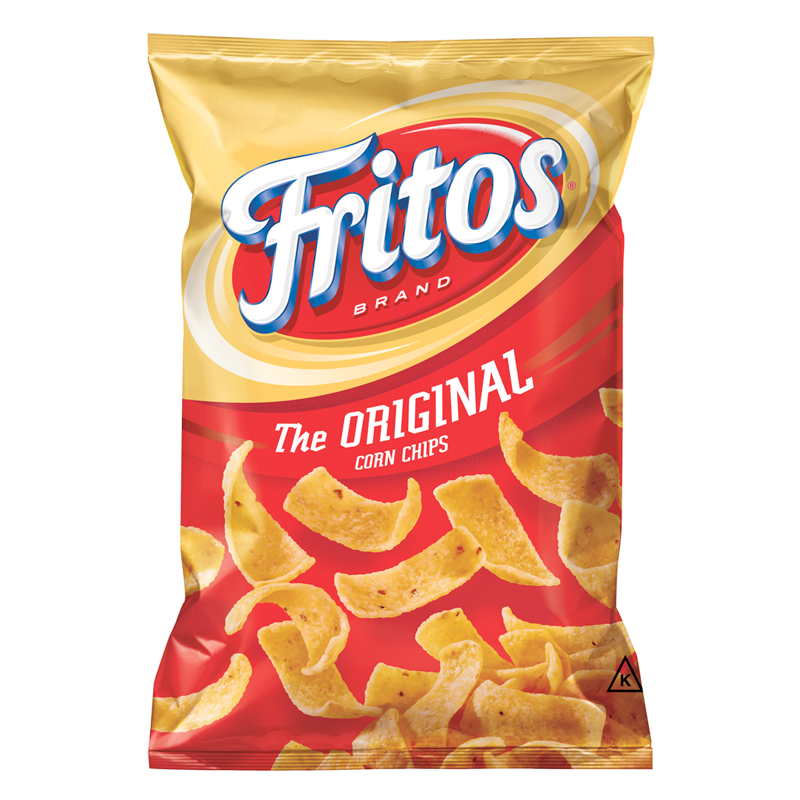 Front of Fritos King Size Original Corn Chips bag showing the logo, original corn chips label, and crunchy corn chips (77.9g pack)