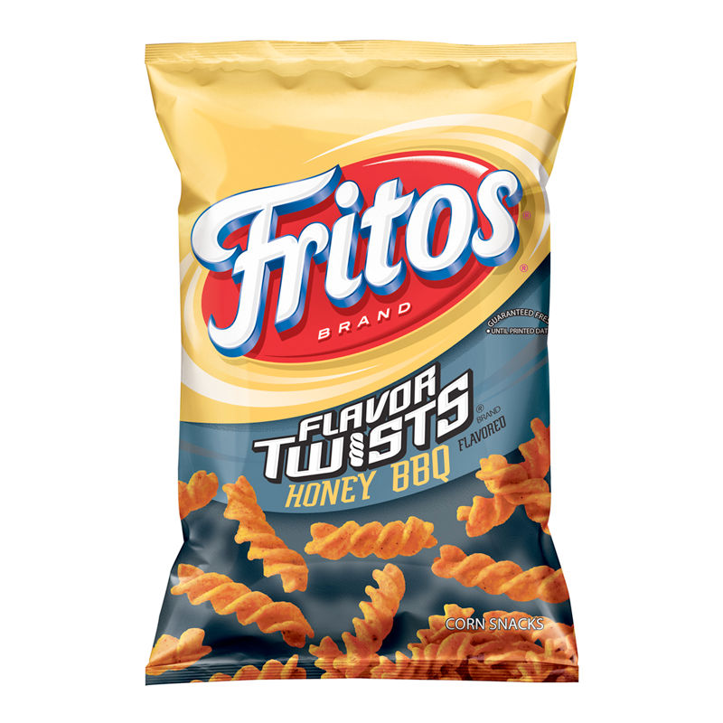 Front of Fritos Honey BBQ Twists bag featuring the Fritos logo, honey BBQ flavour label, and a visual of twisted corn snacks (283g pack)