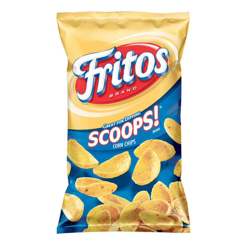 Front of Fritos Corn Chip Scoops bag displaying the logo, yellow packaging, and corn chips (311g pack)