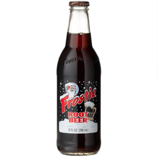 Front of Frostie Root Beer Soda bottle featuring the brand name and classic root beer design, 355ml pack size.