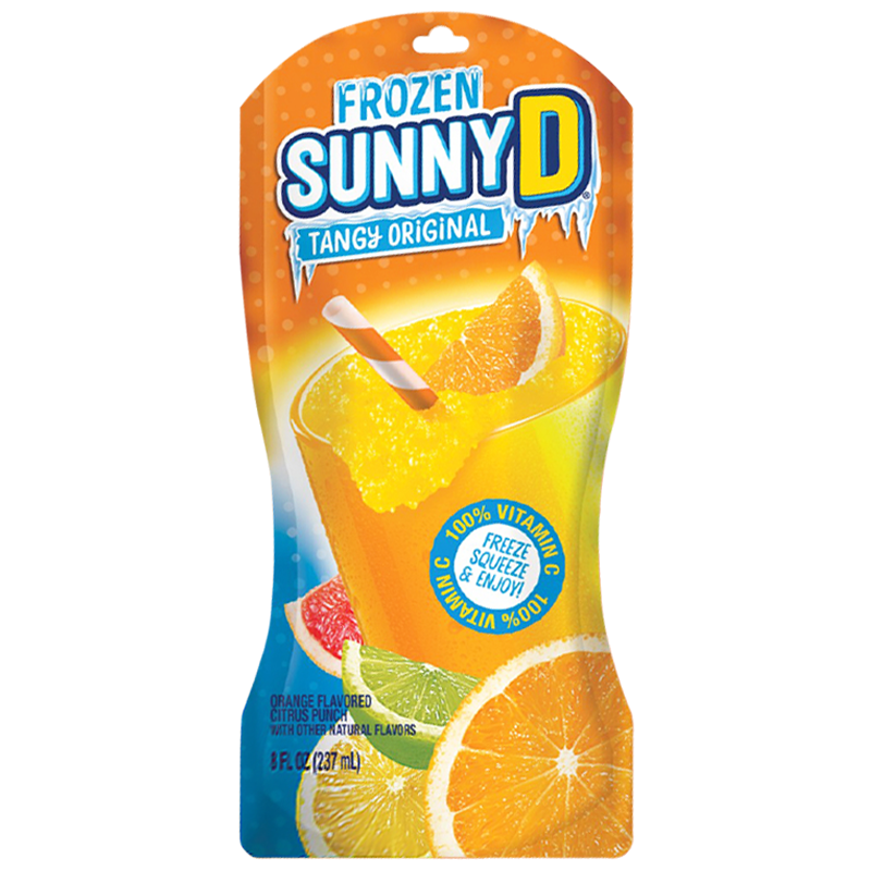 Front of Frozen Sunny D Pouch showing vibrant orange packaging, tangy original flavour, and refreshing citrus drink image (237ml pouch)