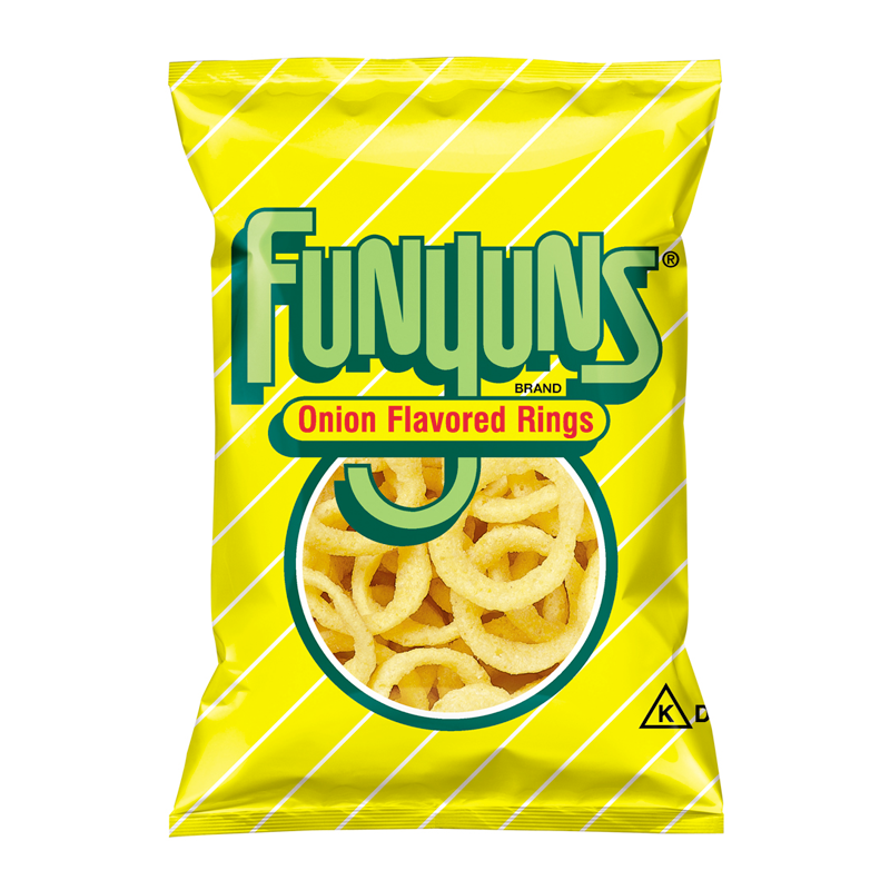 Front of Funyuns Onion Rings bag showing bright yellow packaging, logo, and image of onion-flavoured rings (21.2g pack)
