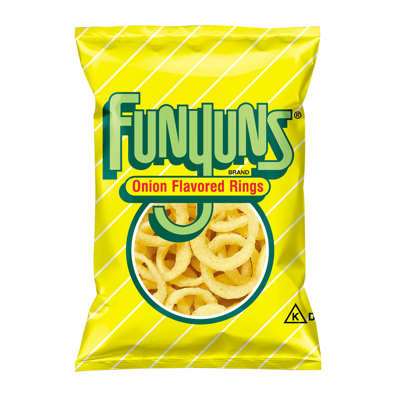 Front of Funyuns Onion Rings bag showing bright yellow packaging, logo, and image of onion-flavoured rings (21.2g pack)