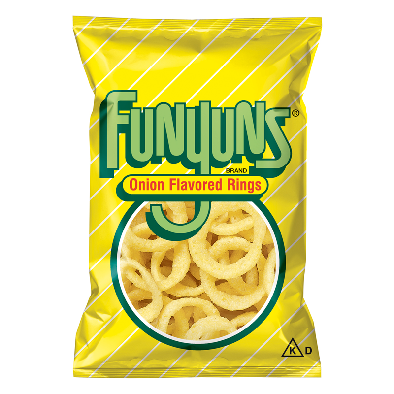 Front of Funyuns Onion Flavored Rings bag showing the green logo, playful onion-flavoured rings, and yellow packaging (163g pack)