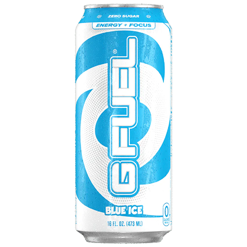 Front of G FUEL Blue Ice Blue Raspberry Flavour Energy Drink can, featuring the brand logo, flavour name, and 473ml size.