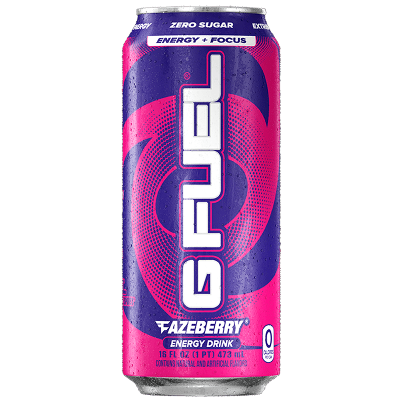 Front of G FUEL Fazeberry Energy Drink can showing vibrant design with the flavour description, zero sugar label, and pack size (473ml)